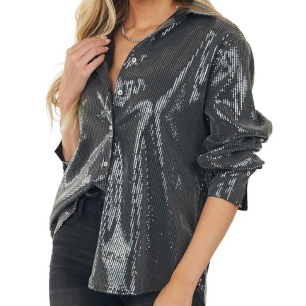 Black Sliver Sequin Oversized Shirt - Picture 3 of 9